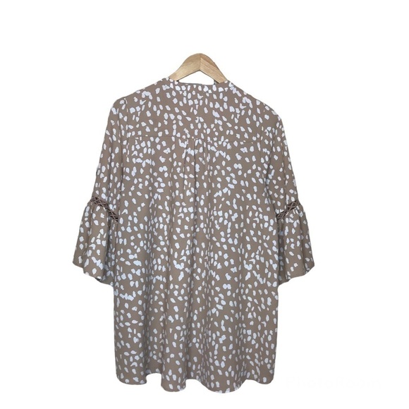 Oddy Size M Womens Pullover Tunic Top Boho Bell Sleeves Tan White Lattice Detail - Picture 2 of 11